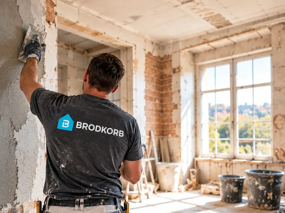 Handwerker mit Brodkorb-Shirt beim Verputzen in einem Sanierungsobjekt