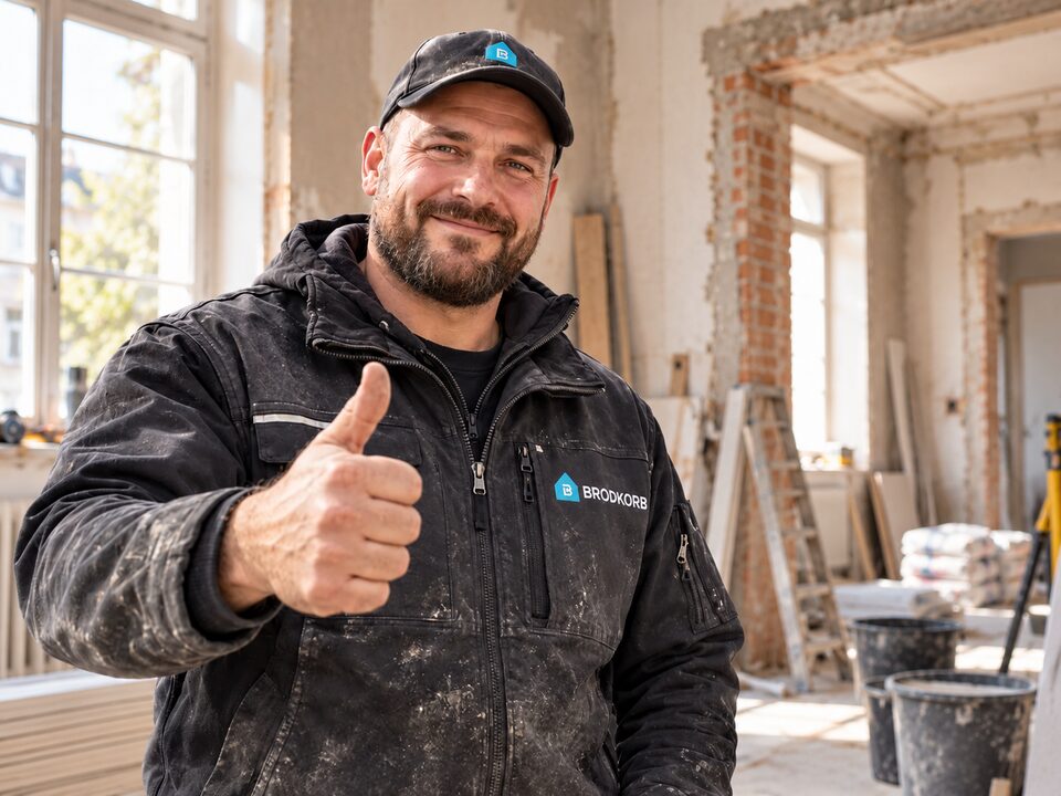 Handwerker mit Brodkorb-Arbeitskleidung und Daumen-hoch-Geste auf der Baustelle