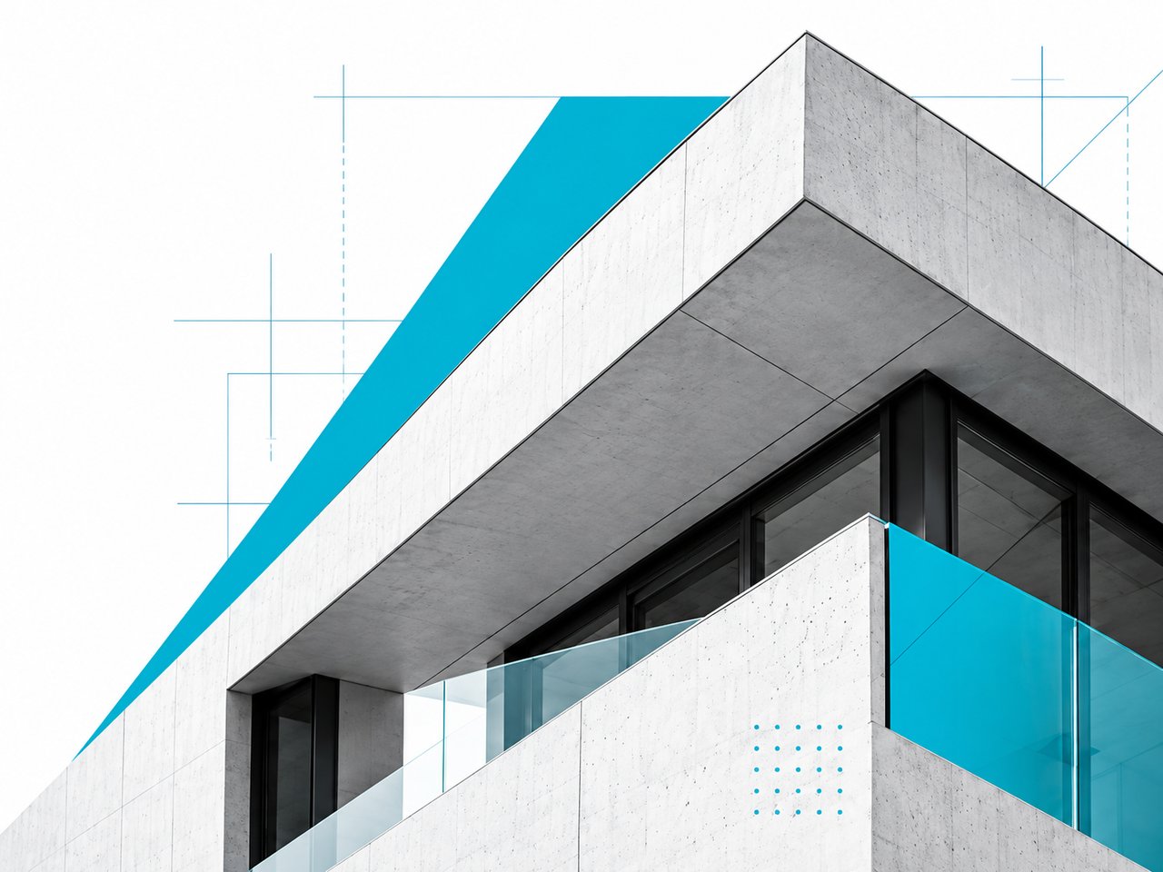 Moderne Gebäudearchitektur mit technischen Cyan-Akzenten – Sinnbild für präzise Sanierung und Projektplanung bei Brodkorb in Willich.