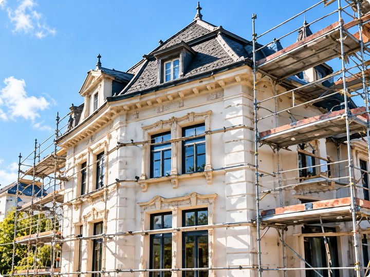 Historisches Bestandsgebäude mit Gerüst während der Sanierung